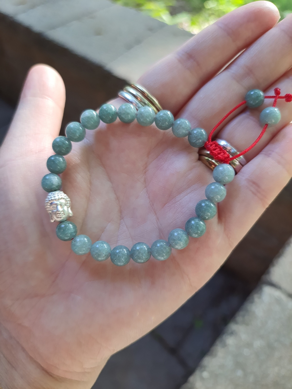 Sterling Silver Buddha Head Lucky Chinese Red String Burmese Jadeite Jade Bracel